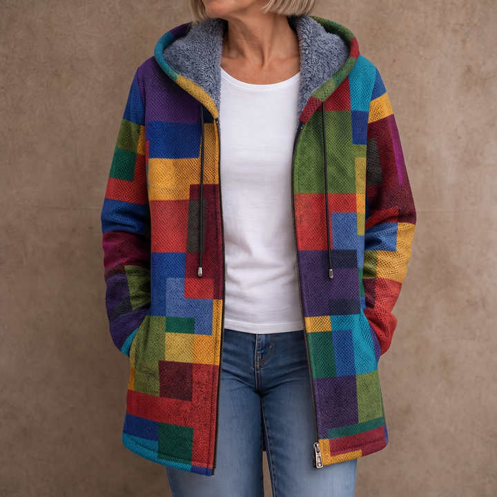 Patchwork Muse – Colorful Patchwork Hooded Cardigan