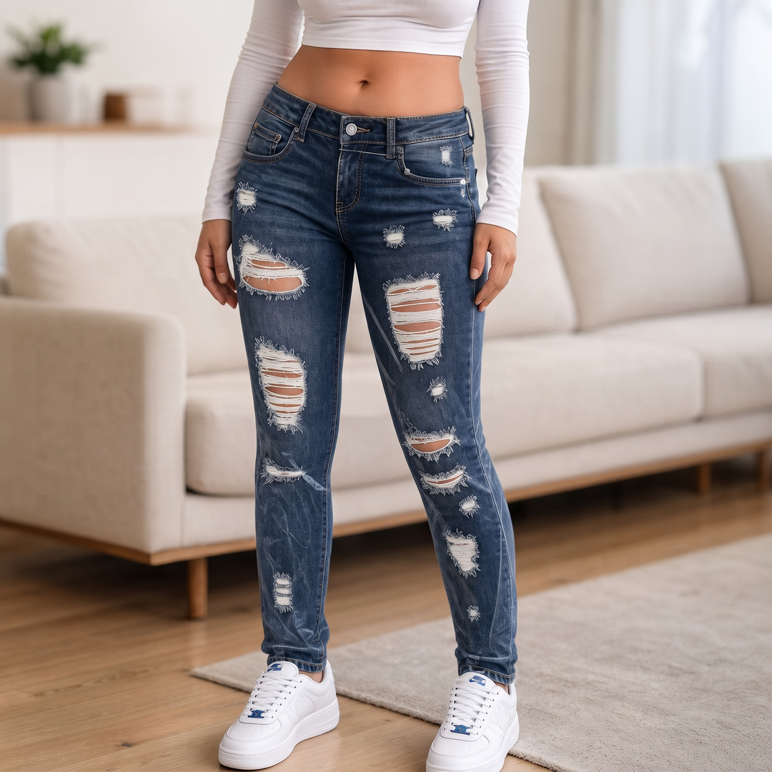 Curvella – Distressed High-Waisted Skinny Stretch Jeans