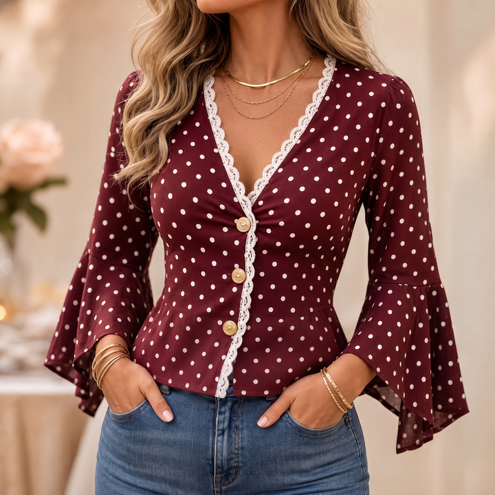 Lacelyn – Polka Dot Lace-Spliced V-Neck Blouse