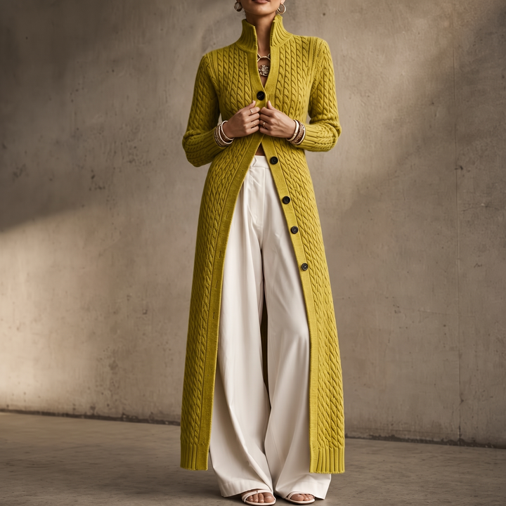 Cablemere – High Collar Cable-Knit Duster Cardigan