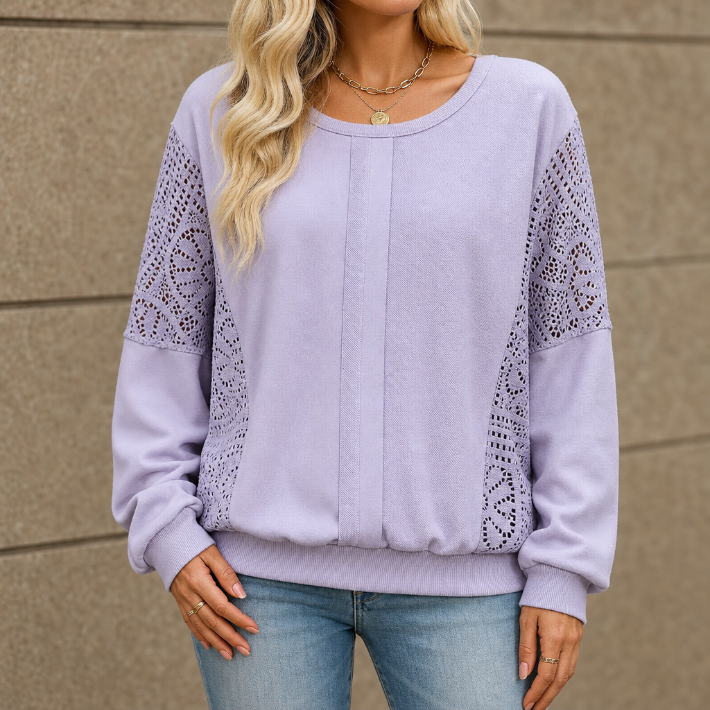 Lacebella – Floral Lace Panel Lantern-Sleeve Sweatshirt