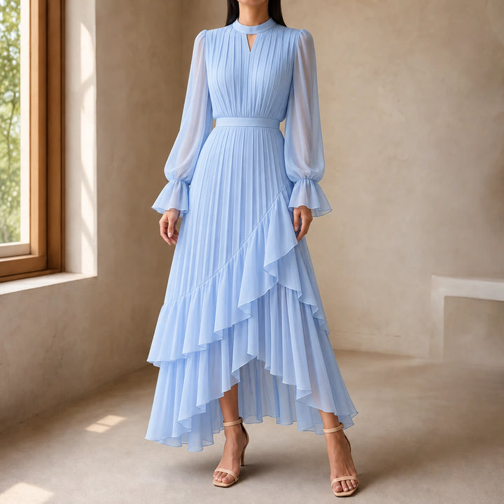 Florenza – Pleated Asymmetrical Ruffle Midi Dress