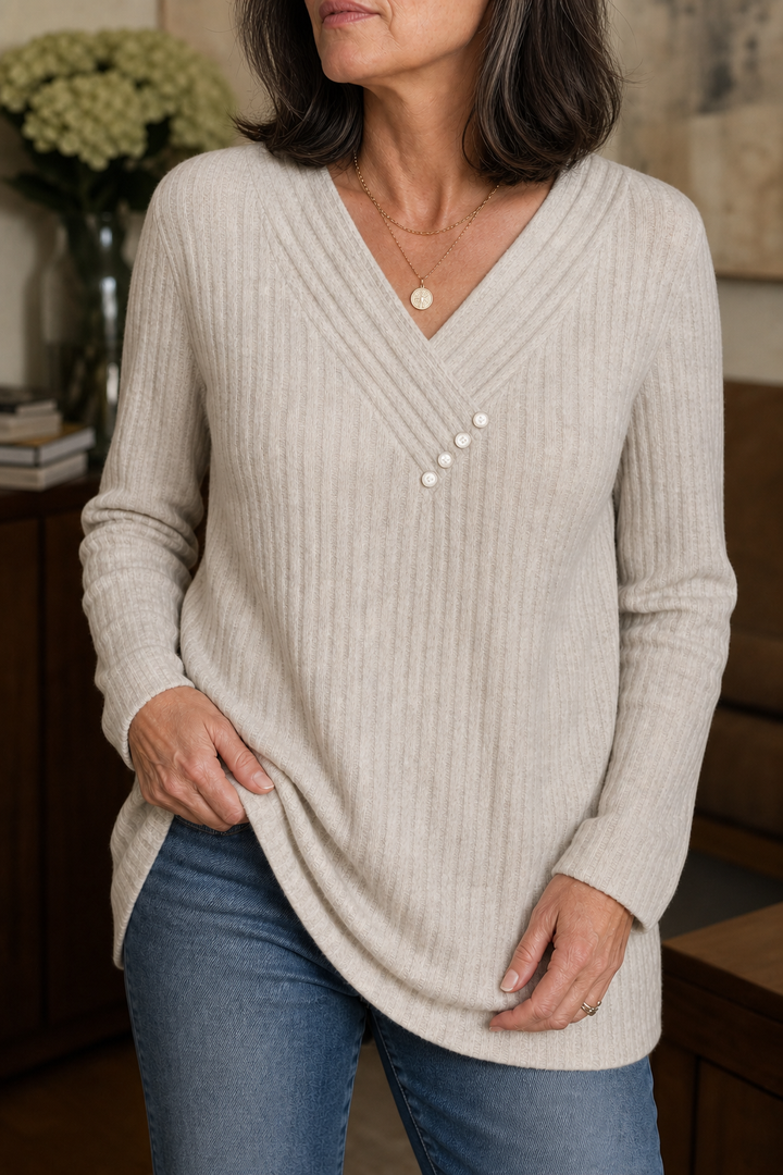 Marlowe & Rib – Ribbed V-Neck Button-Detail Sweater