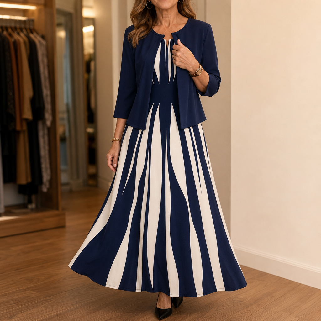 Fielina – Striped Two-Piece Maxi Dress And Cardigan Set