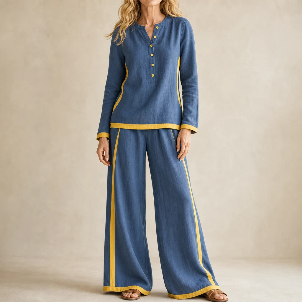 Modaform – Color-Block Long-Sleeve Top And Wide-Leg Pants Set