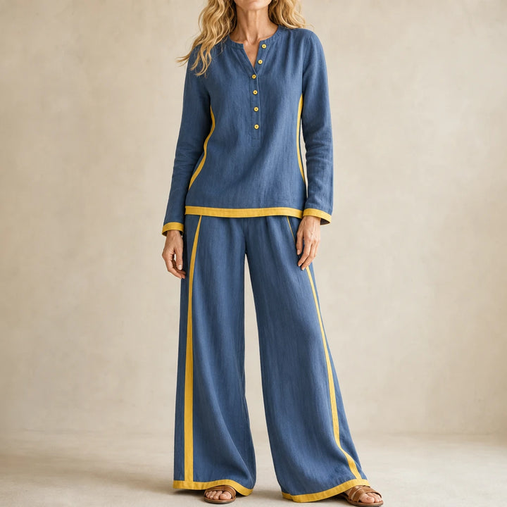 Modaform – Color-Block Long-Sleeve Top And Wide-Leg Pants Set