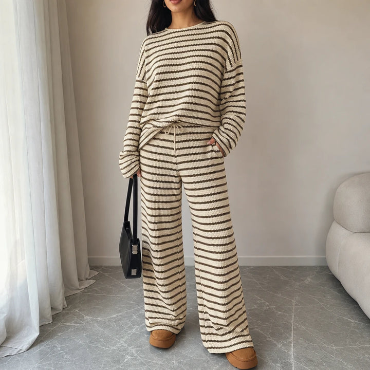 Stripe & Ease – Striped Long-Sleeve Top And Wide-Leg Pants Set