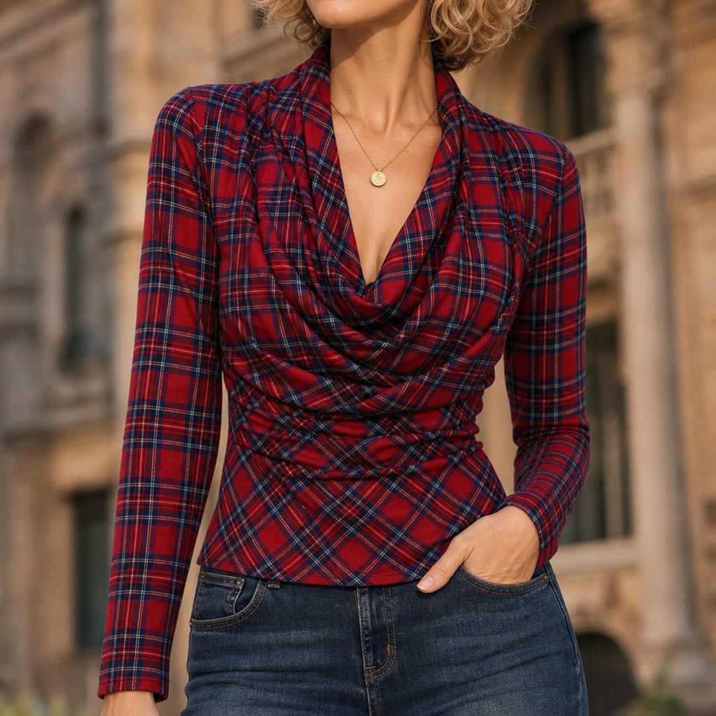 Plaidelle – Cowl-Neck Plaid Stretch Top