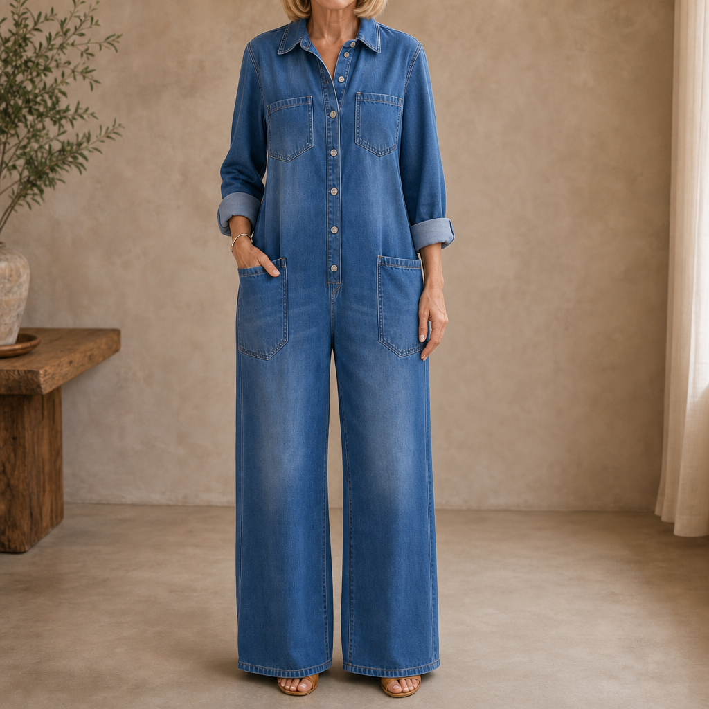 Everleigh – Wide-Leg Button-Front Denim Jumpsuit