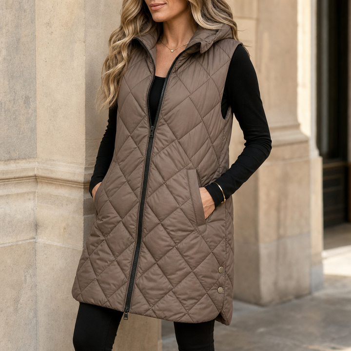 Quilted Ease – Square-Quilted Longline Hooded Vest