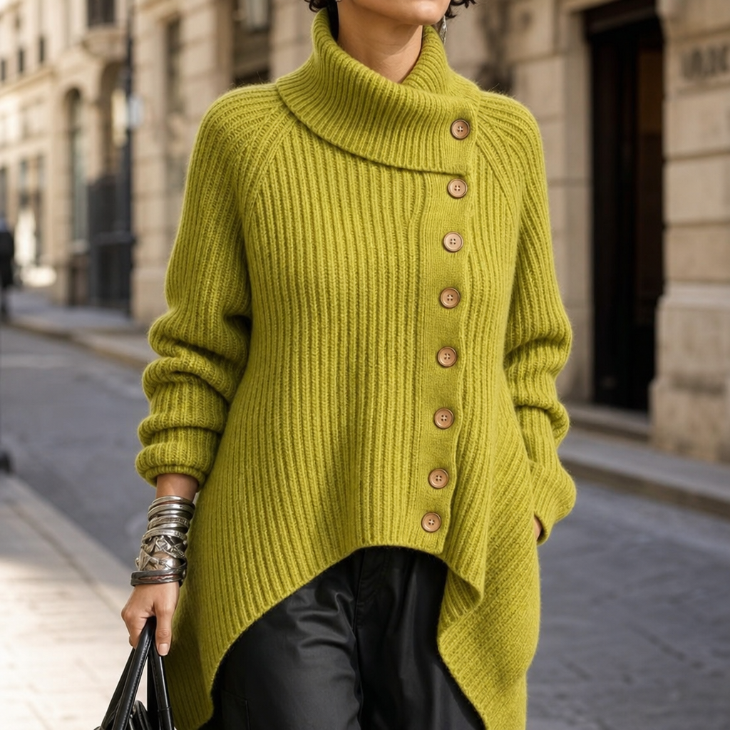 Vivid Muse – Asymmetric High-Neck Knit Sweater