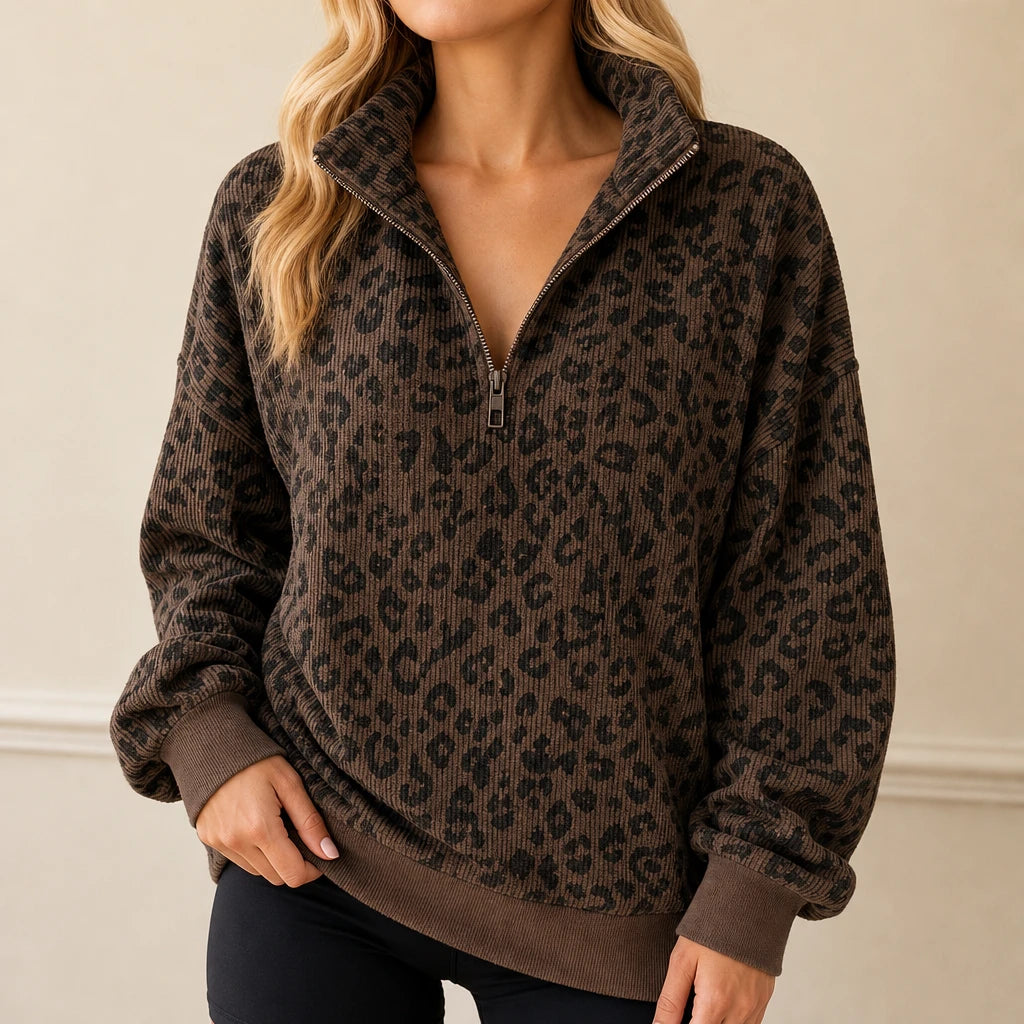 Roamprint – Leopard Print Oversized Quarter-Zip Sweatshirt