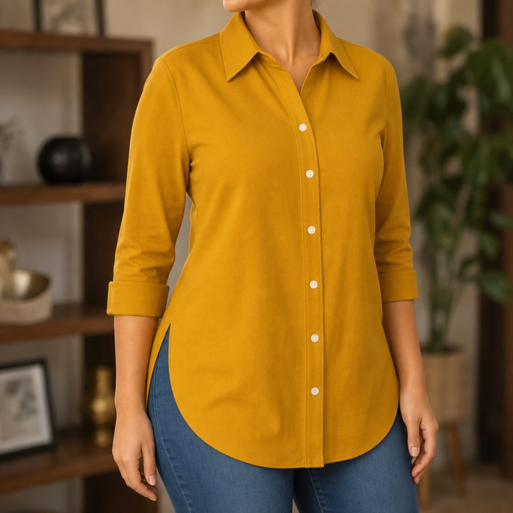 Elara Curve – Curved-Hem Stretch Button-Front Shirt