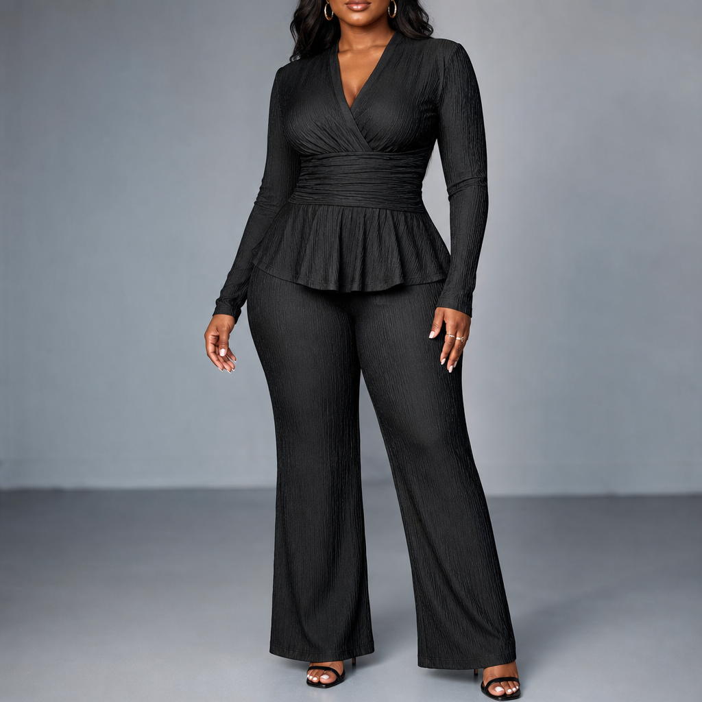 Vessora – Pleated Waist Flared Leg Top And Trousers Set