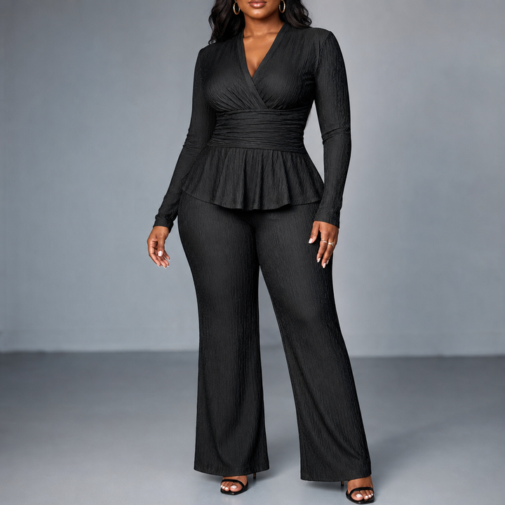 Vessora – Pleated Waist Flared Leg Top And Trousers Set