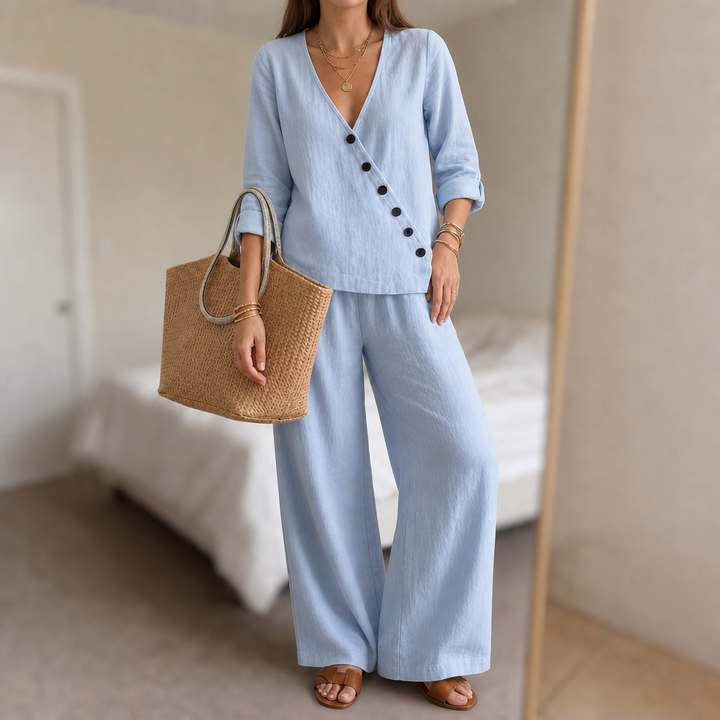 Easeline – Slanted Button Top And Wide Leg Pants Set