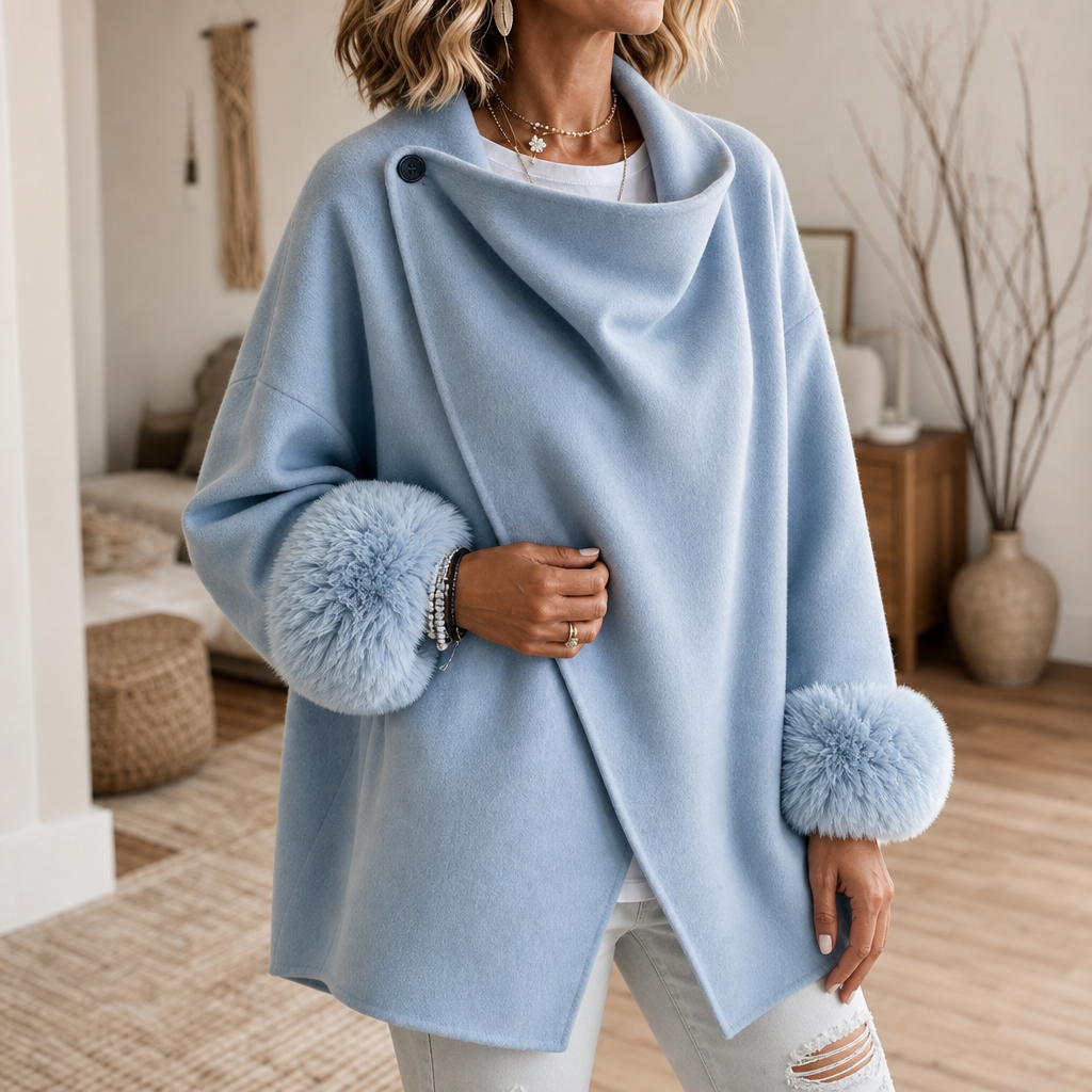 Wearbella – Faux Fur Cuff Asymmetric Wrap Blend Jacket