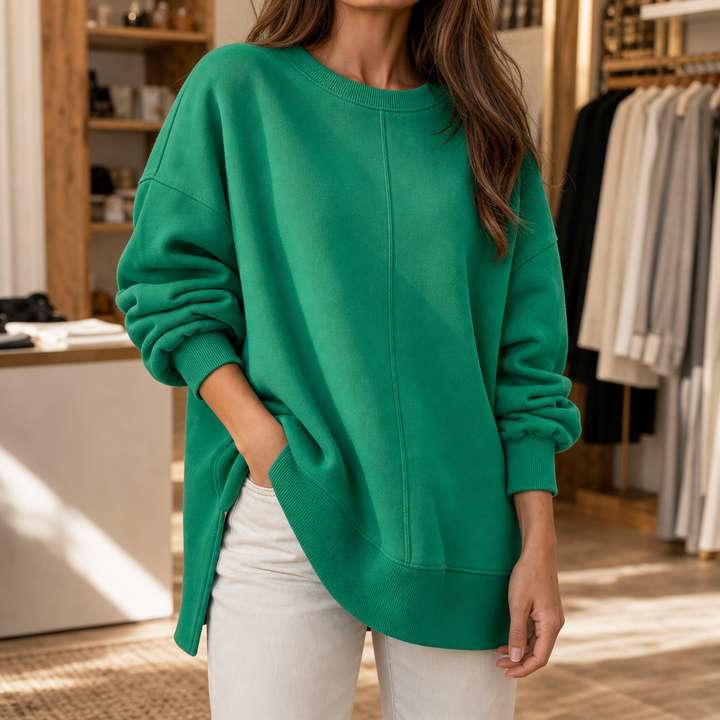 Verdant Ease – Drop Shoulder Side-Slit Sweatshirt