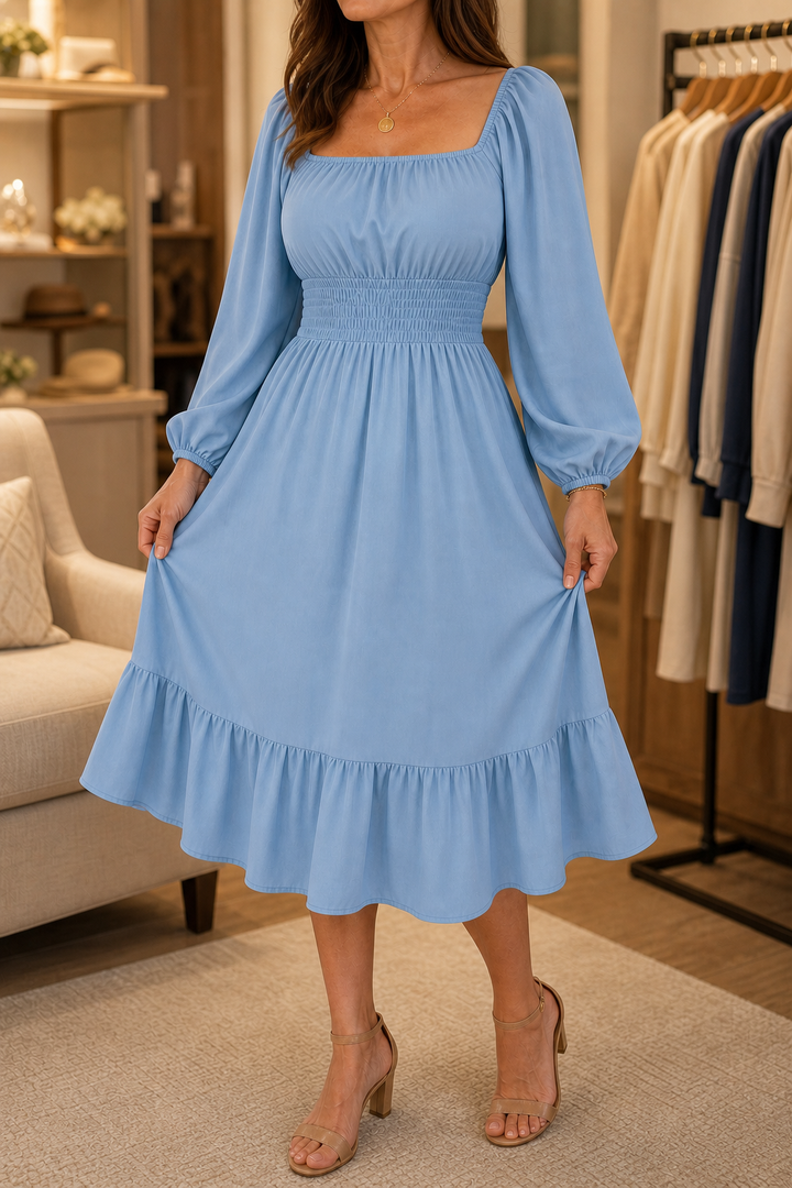 Trucewear – Smocked Square Neck Ruffled Midi Dress