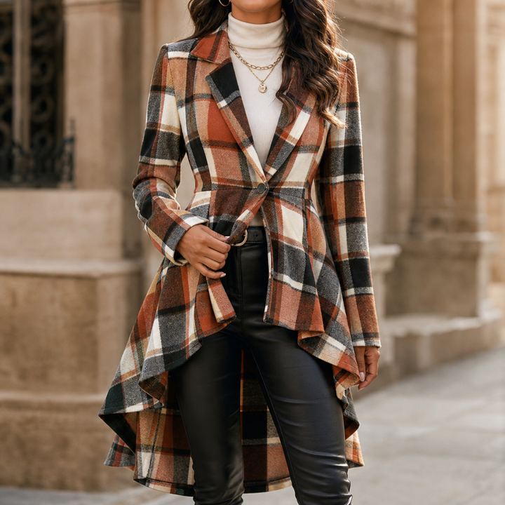 Wearbella – Cinched-Waist High-Low Plaid Peplum Coat