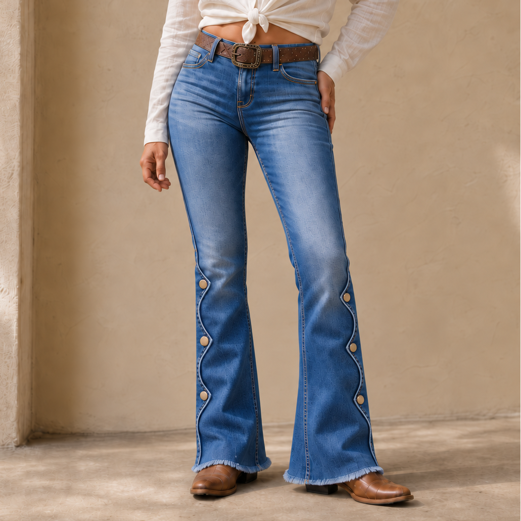 Flarelle – High-Waisted Scalloped Side-Button Flare Jeans