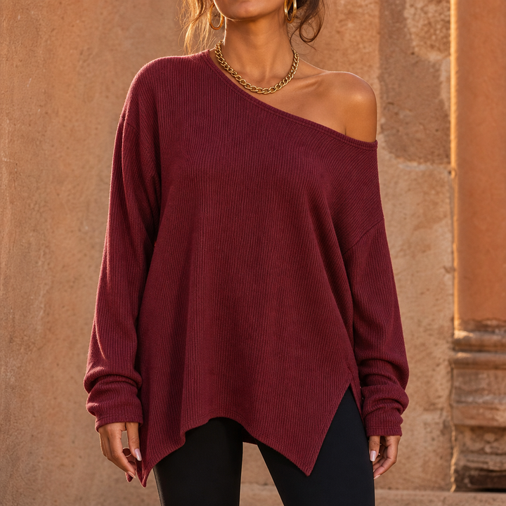 Veluna – Side-Slit Off-Shoulder Tunic Blouse