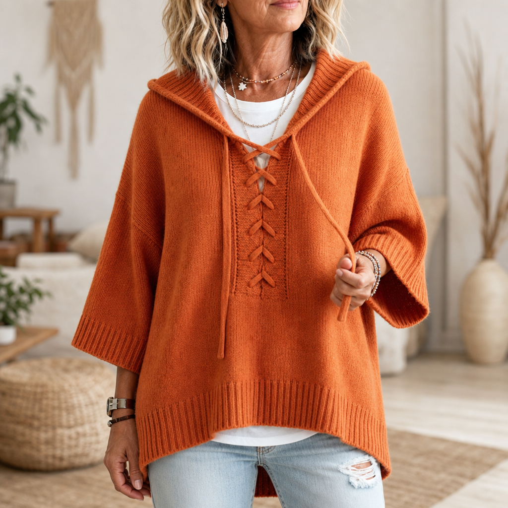 Lunarknit – Lace-Up Deep V Hooded Knit Pullover