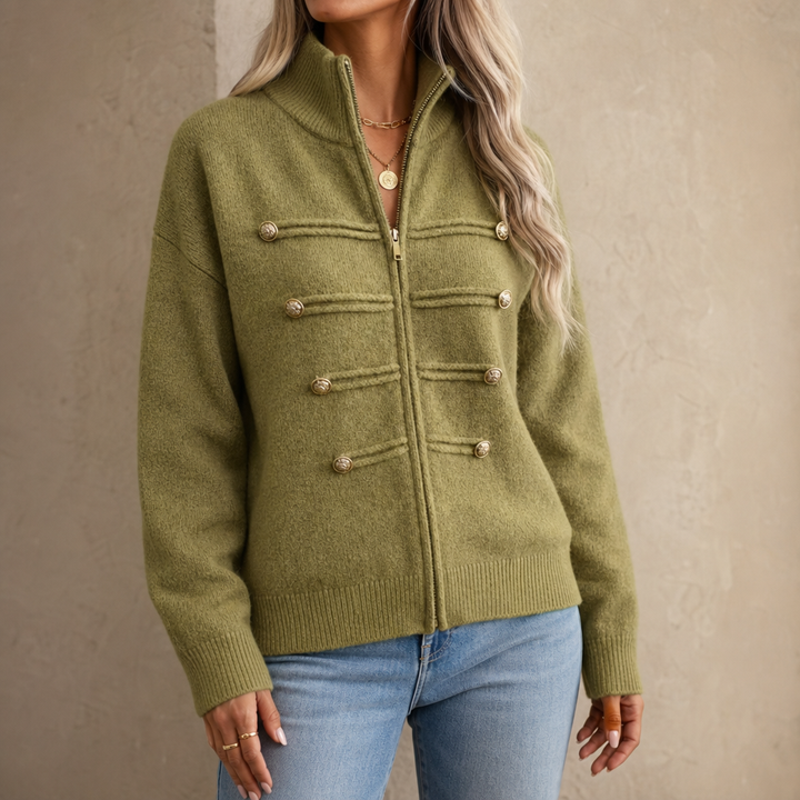 Mayfield – Gold Button Military-Style Knit Cardigan