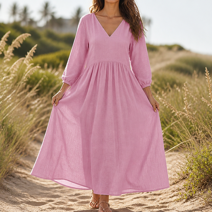 Linenova – Pleated V-Neck Cotton-Linen Look Maxi Dress