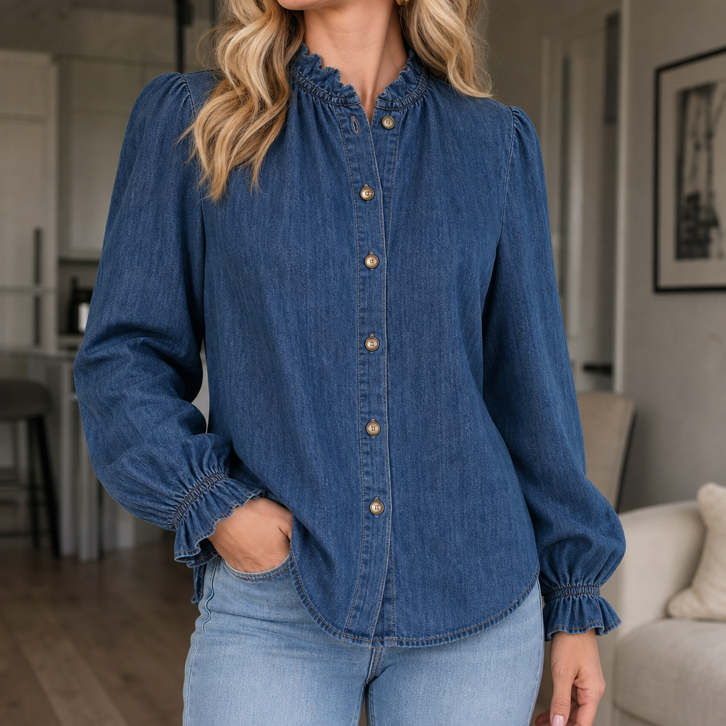 Wearbella – Ruffled Mock-Neck Blouson Sleeve Denim-Look Blouse