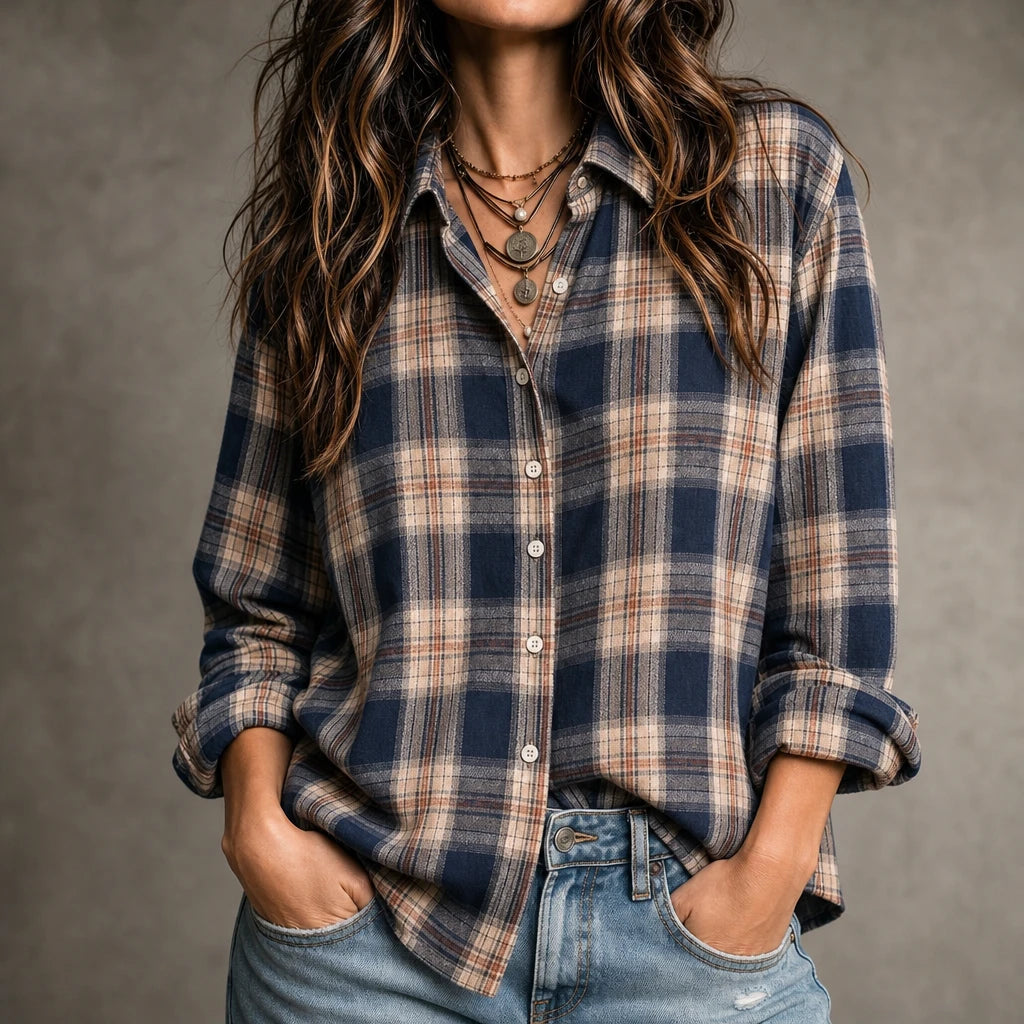 Caledon – Plaid Button-Front Long-Sleeve Blouse