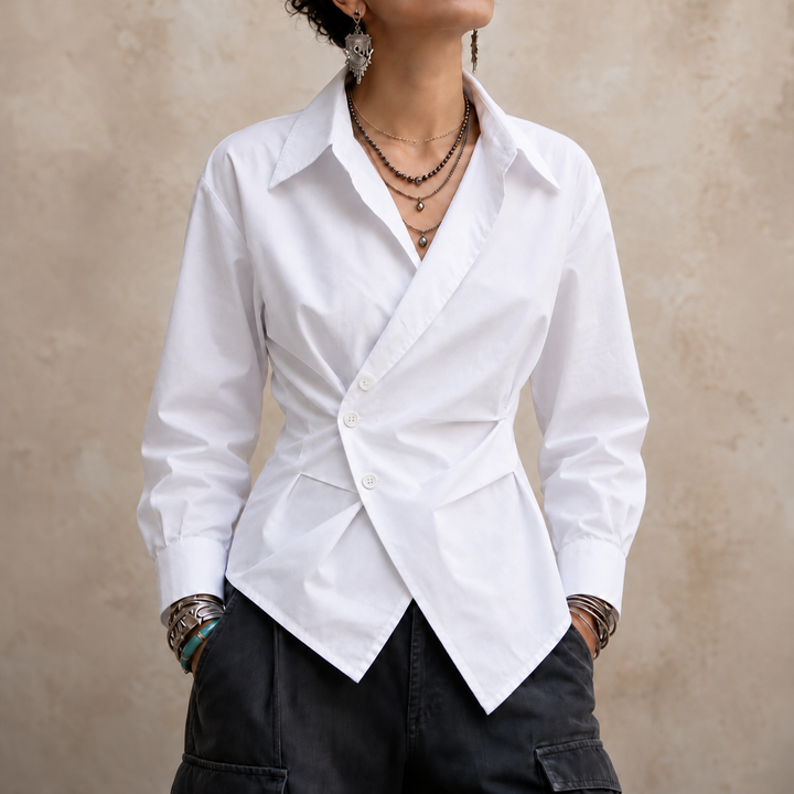 Vela Twist – Diagonal Wrap Hem Cotton Shirt
