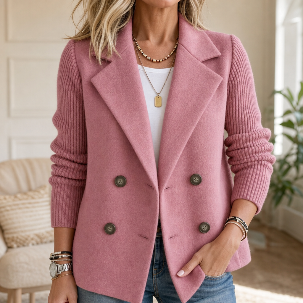 Wearbella – Knit-Sleeve Double-Breasted Blazer