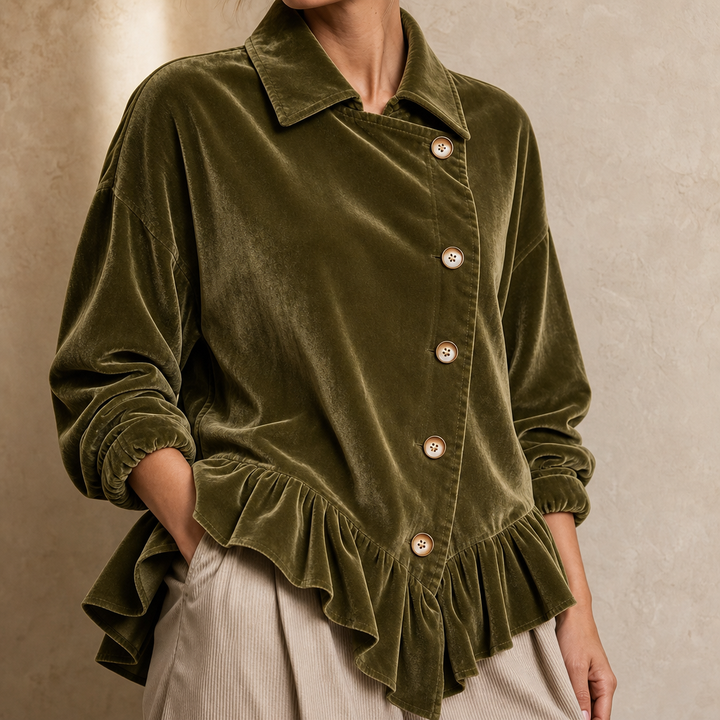 Velvetta – Asymmetric Button Cowl-Neck Peplum Top