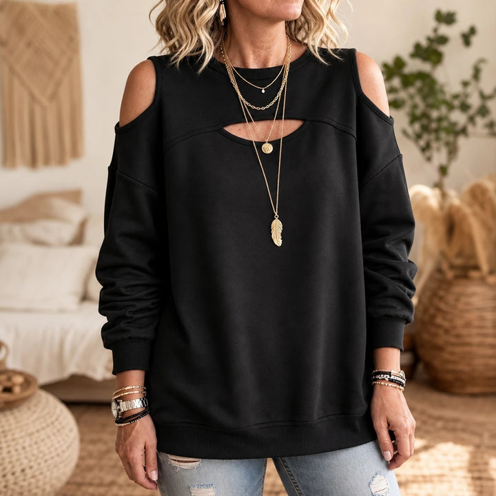 Chicora – Striped Cold-Shoulder Cutout Sweatshirt