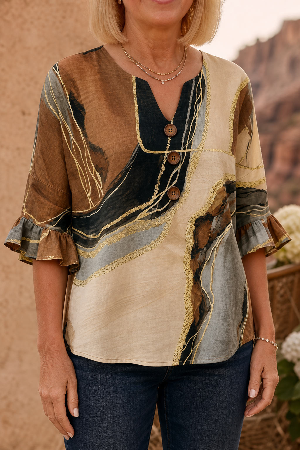 Ombralyn – Ombre V-Neck Mid-Sleeve Button-Front Blouse