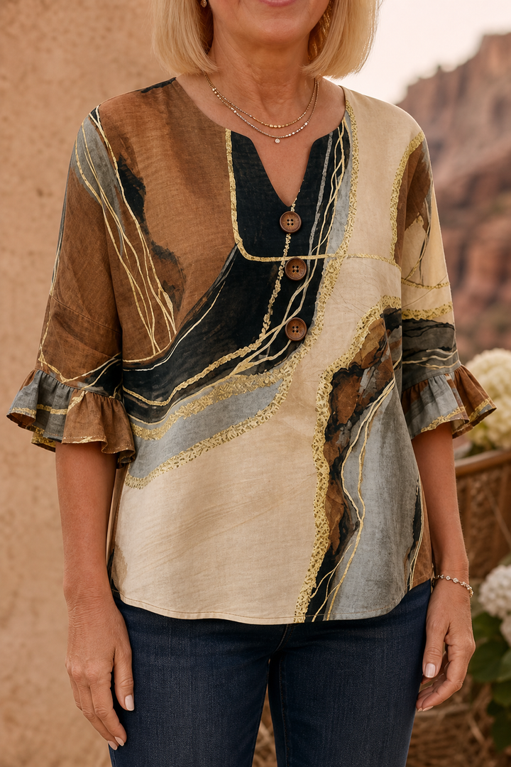 Ombralyn – Ombre V-Neck Mid-Sleeve Button-Front Blouse