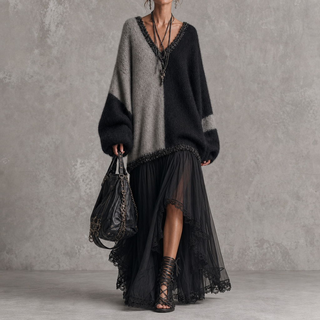 Vellora – Color-Block Knit Bodice Mesh Skirt Dress