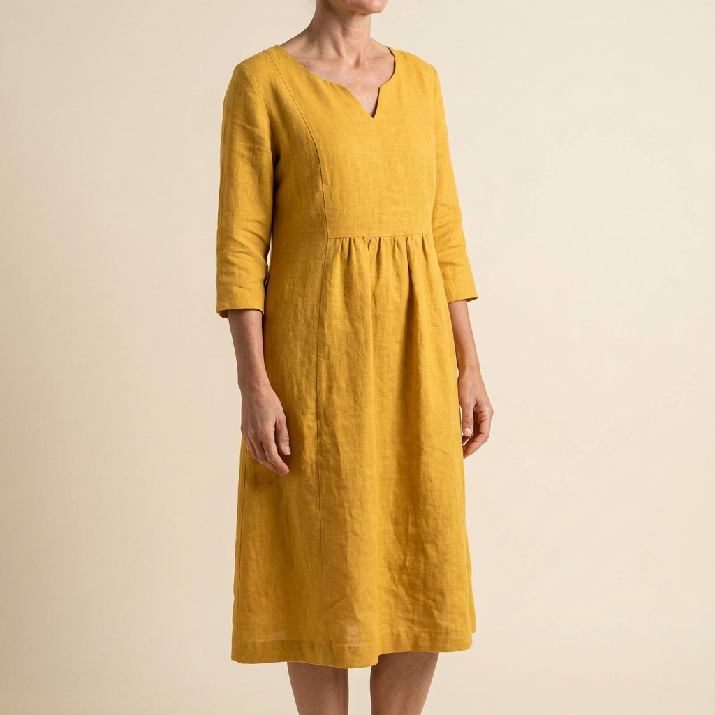 Solenne – Relaxed V-Neck Midi Dress with Pockets