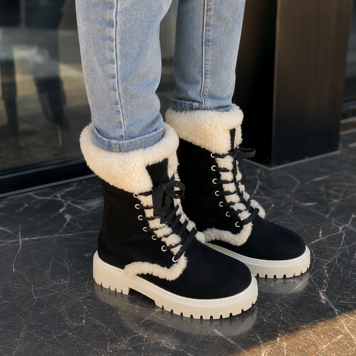 Velvara – Plush-Lined Lace-Up Mid-Calf Boots