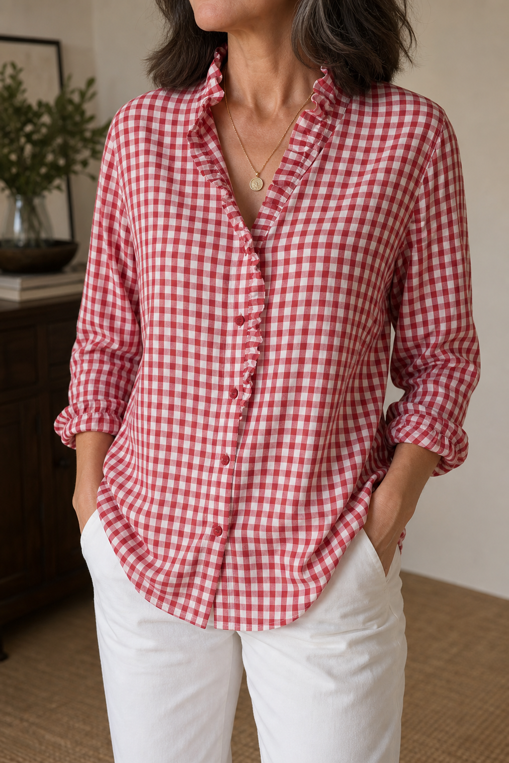 Rufina – Ruffled Collar Checked Print Blouse