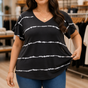 Curvella – Striped V-Neck Stretch Knit Tee