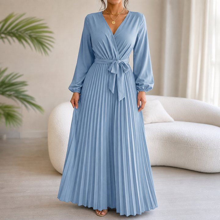 Lunavia – Pleated Wrap-Neck High-Waisted Maxi Dress