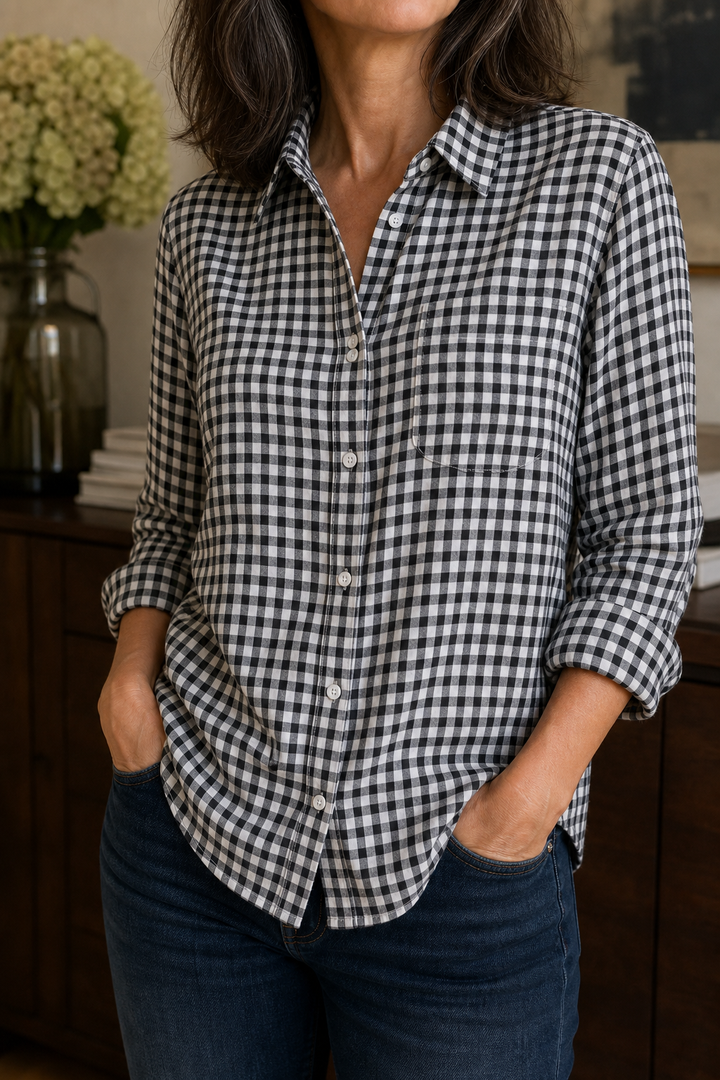 Checkered Long-Sleeve Button-Up Shirt For Women