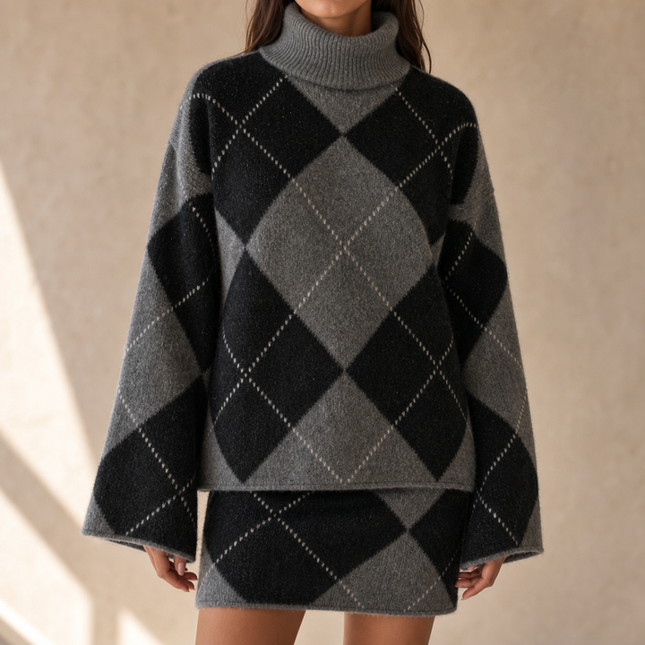 Argyline – Argyle Knit High-Neck Top And Skirt Set