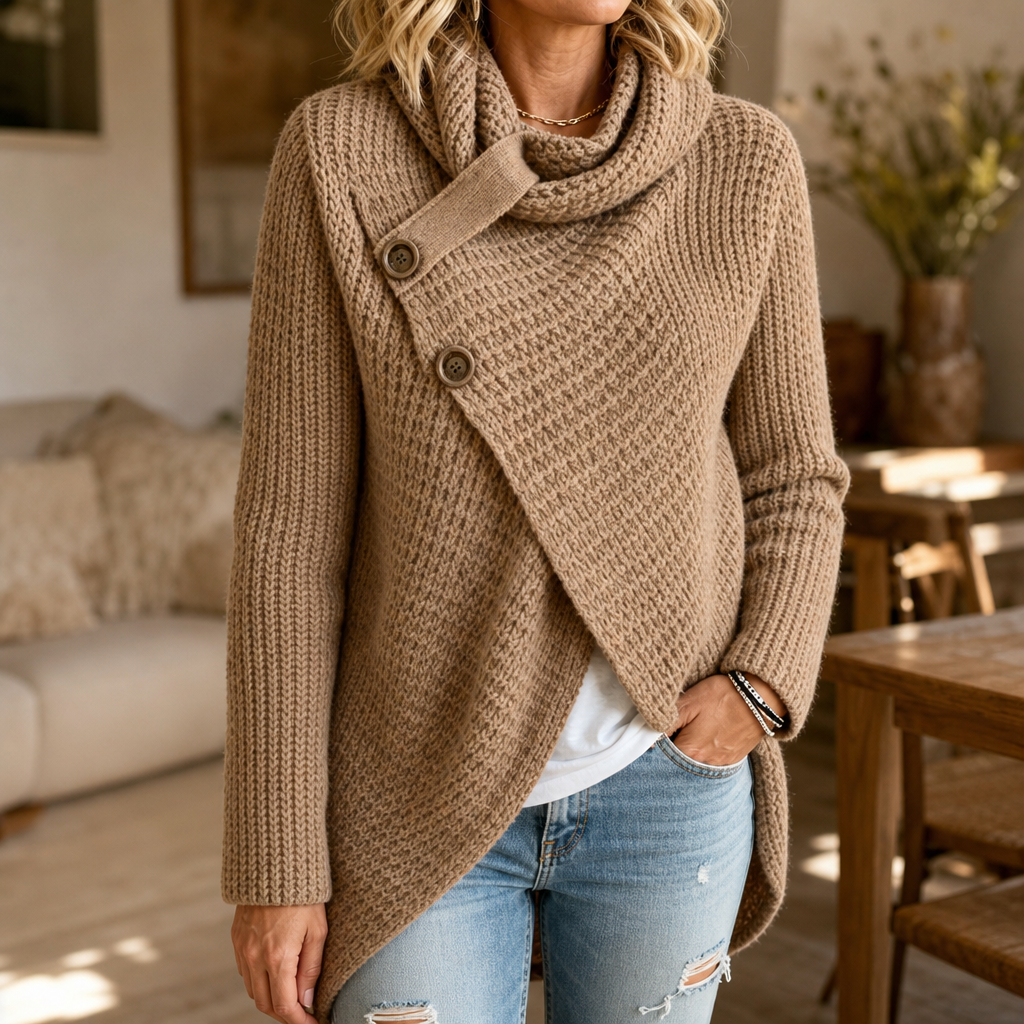 Cowl & Cozy – Asymmetric Cowl-Neck Button-Side Sweater