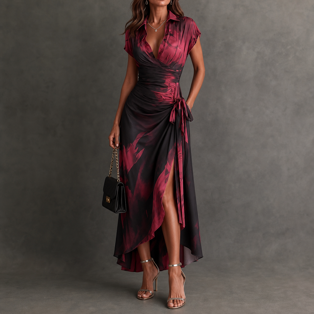 Vellora – Abstract Print Wrap Midi Dress