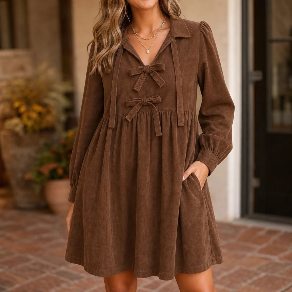 Cordelia – Bow-Front Corduroy-Look Babydoll Dress