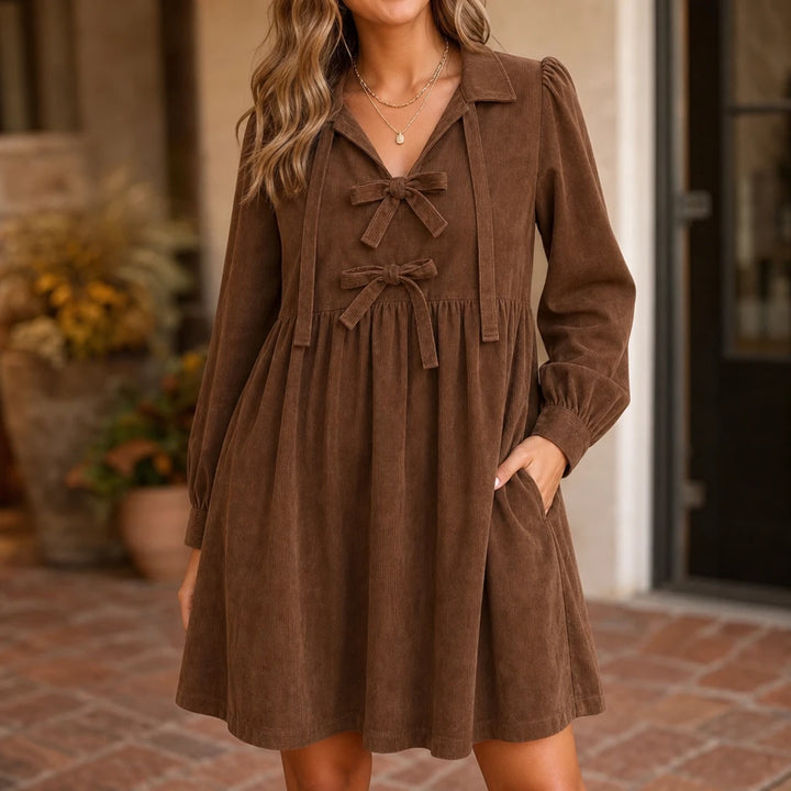 Cordelia – Bow-Front Corduroy-Look Babydoll Dress