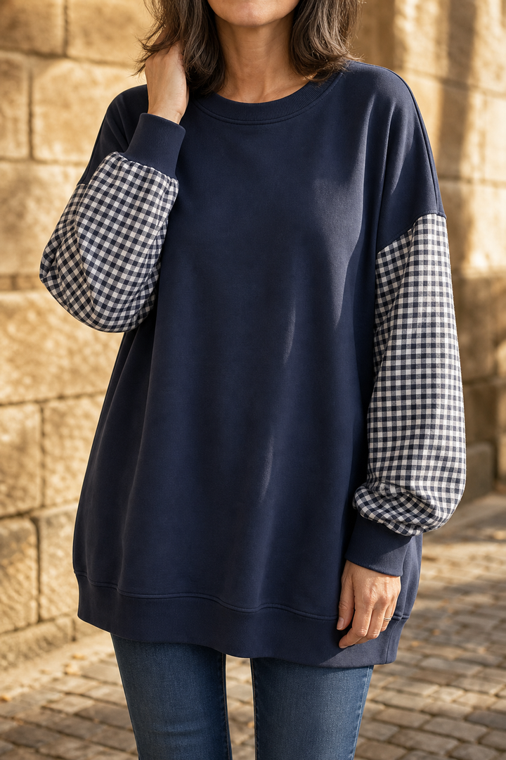 Blockline – Patchwork Plaid Loose Crew Neck Top